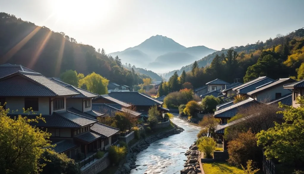 A serene landscape of Goyang, South Korea's hidden gem, bathed in the warm glow of the afternoon sun. In the foreground, a charming traditional hanok village nestled among lush greenery, its tiled roofs and paper-paneled windows exuding an air of tranquility. In the middle ground, a gently flowing stream meanders through the scene, its crystal-clear waters reflecting the surrounding natural beauty. In the distance, the majestic silhouette of Suraksan Mountain rises, its rugged peaks capped with a dusting of snow, creating a picturesque backdrop. The overall atmosphere is one of serene contemplation, inviting the viewer to immerse themselves in the peaceful charm of Goyang.