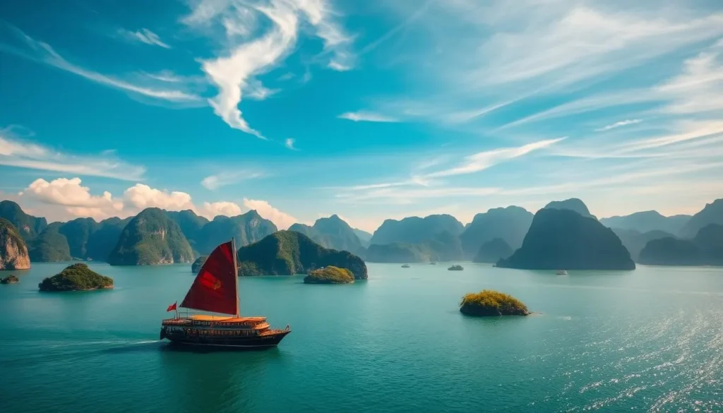 A serene landscape of Halong Bay, Vietnam, on a clear and sunny day. The emerald-green waters of the bay are dotted with the iconic limestone karsts, their jagged peaks rising majestically against a bright azure sky. Warm sunlight filters through wispy, cotton-like clouds, casting a soft, diffused glow over the scene. In the foreground, a traditional Vietnamese junk boat gracefully glides across the calm surface, its distinctive red sails billowing gently in the light breeze. The middle ground features lush, verdant islands, their verdant foliage contrasting beautifully with the sparkling waters. The background is dominated by the towering, mist-shrouded mountains that frame the bay, creating a breathtaking, picture-perfect vista.