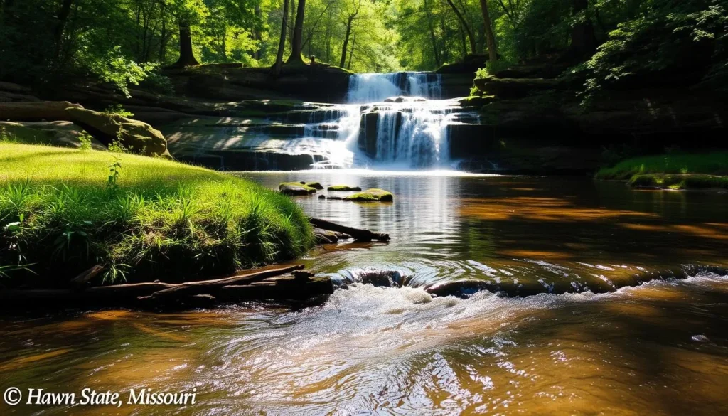 A serene landscape of Hawn State Park, Missouri, showcasing its captivating water features. In the foreground, a tranquil stream meanders through lush greenery, its crystal-clear waters reflecting the dappled sunlight. In the middle ground, a cascading waterfall tumbles over moss-covered rocks, creating a mesmerizing display of motion and sound. The background features a dense forest canopy, filtering the warm sunlight and casting a peaceful, natural ambiance. The scene evokes a sense of calm and outdoor adventure, inviting the viewer to immerse themselves in the park's serene natural beauty.