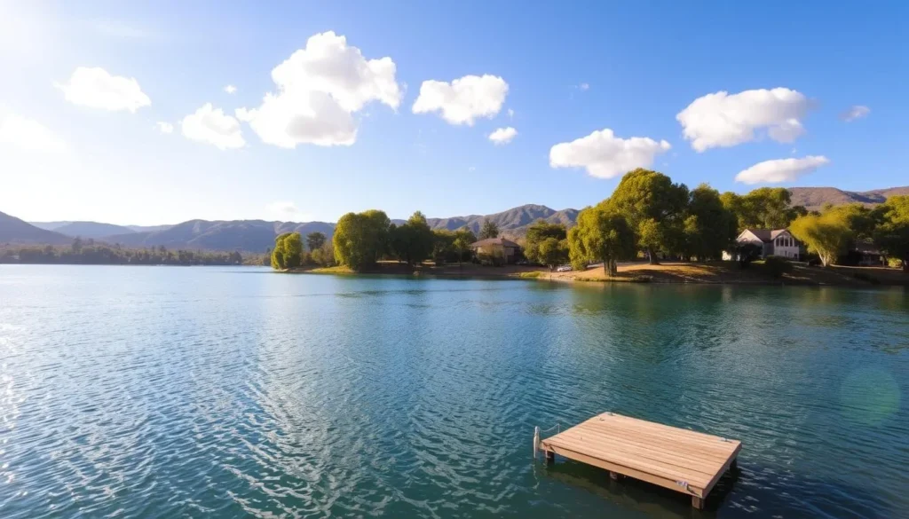 A serene landscape of Lake Casitas, nestled amid the rolling hills of Ventura County, California. The crystal-clear waters reflect the brilliant blue sky, dotted with fluffy white clouds. Tall, verdant oak trees line the shoreline, casting gentle shadows on the calm surface. In the foreground, a small wooden dock juts out into the lake, inviting visitors to sit and soak in the tranquil atmosphere. The scene is bathed in warm, golden sunlight, creating a sense of peaceful serenity. A wide-angle lens captures the expansive vista, allowing the viewer to fully immerse themselves in the beauty of this natural oasis.