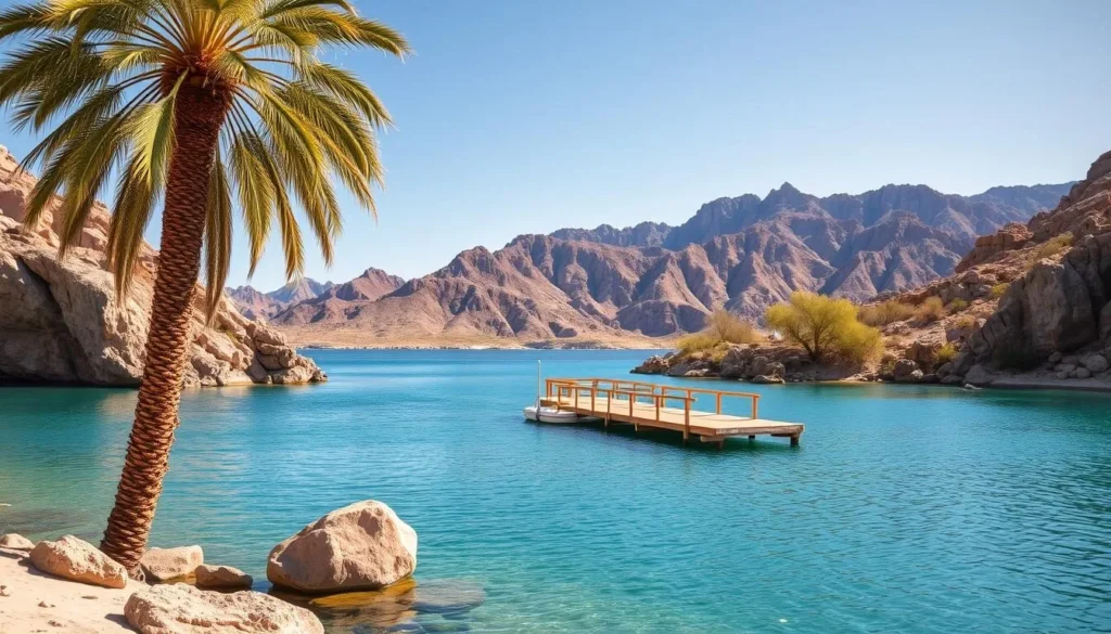 A serene landscape of Lake Havasu, nestled along the western edge of Arizona. In the foreground, crystal-clear turquoise waters reflect the surrounding rocky cliffs and lush desert vegetation. Towering palm trees sway gently in the warm, gentle breeze. In the middle ground, a picturesque wooden dock juts out into the lake, inviting visitors to explore. The backdrop features the rugged, sun-drenched mountains, their peaks bathed in a soft, golden light. The scene conveys a sense of tranquility and natural beauty, perfectly capturing the essence of this desert oasis. Shoot with a wide-angle lens to emphasize the scale and grandeur of this magnificent landscape.