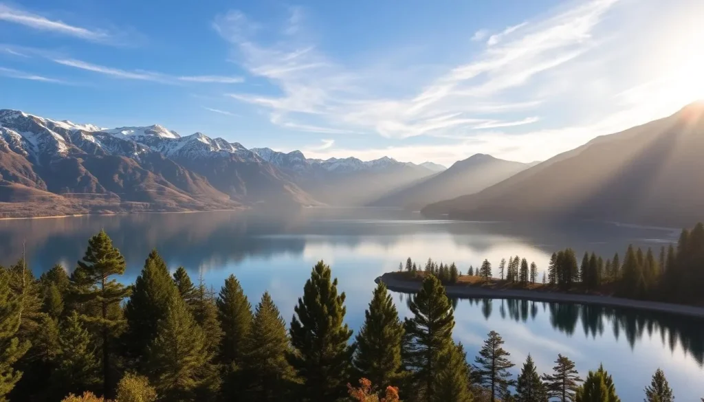 A serene landscape of Lake Isabella nestled amidst the majestic Sierra Nevada mountains. A picturesque vista of snow-capped peaks reflected in the still, azure waters of the lake. Lush pine forests line the shoreline, casting gentle shadows across the scene. The warm, golden sunlight filters through wispy clouds, creating a soft, ethereal glow. Capture this idyllic California setting with a wide-angle lens to showcase the breathtaking scale of the natural beauty. Convey a sense of tranquility and wonder, inviting the viewer to immerse themselves in this hidden gem of the Golden State.