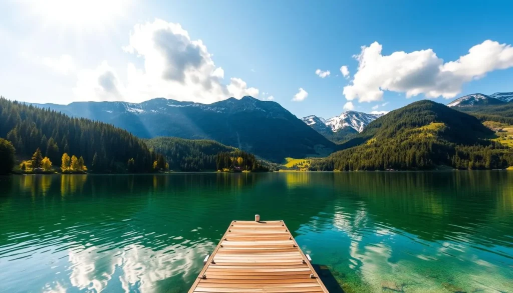 A serene landscape of Lake Sempach nestled amidst the rolling hills of Switzerland. The crystal clear waters reflect the lush green forests and snow-capped peaks in the distance. Warm sunlight dances across the surface, casting a golden glow over the entire scene. In the foreground, a picturesque dock juts out into the lake, inviting visitors to take in the tranquil beauty. Fluffy white clouds drift lazily overhead, completing the idyllic pastoral atmosphere. Capture the natural splendor of Sempachersee in a wide-angle photograph, showcasing its breathtaking panoramic views.