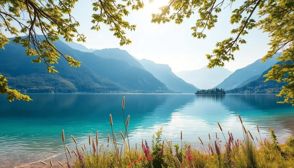 A serene landscape of Lake Thun, Switzerland, with its crystal-clear turquoise waters reflecting the majestic Alps in the background. In the foreground, a pristine shoreline dotted with vibrant wildflowers and lush greenery. A gentle breeze rustles the leaves of the surrounding trees, creating a peaceful, tranquil atmosphere. The sun casts a warm, golden glow over the scene, illuminating the stunning natural beauty of this picturesque alpine lake. The image is captured through a wide-angle lens, providing a sweeping panoramic view that invites the viewer to immerse themselves in the serene splendor of this captivating Swiss landscape.