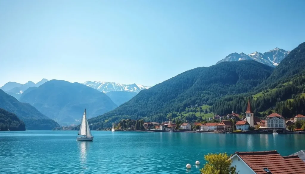 A serene landscape of Lake Zurich, nestled amidst the picturesque Swiss Alps. Capture the glistening turquoise waters reflecting the surrounding peaks, with lush green forests cascading down the slopes. In the foreground, a small sailboat glides gracefully across the calm surface, its white sails billowing in the gentle breeze. The middle ground features a quaint village with charming architecture, its red-tiled roofs and church steeples adding to the charming ambiance. The background showcases the majestic alpine peaks, their snow-capped summits reaching towards the bright, azure sky. Utilize a wide-angle lens to convey a sense of grandeur and scale, and employ natural lighting to create a warm, inviting atmosphere that perfectly encapsulates the beauty of Lake Zurich.