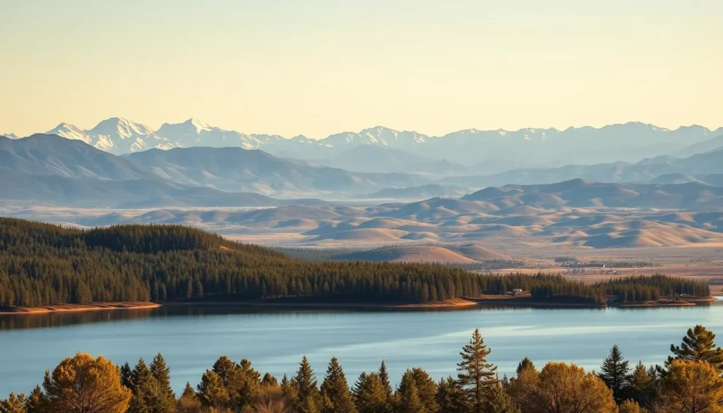 A serene landscape of Long Valley Reservoir, California, captured through the lens of a professional landscape photographer. The foreground features a tranquil lake, its surface reflecting the surrounding mountains and pine forests. In the middle ground, majestic peaks rise up, their snow-capped summits glowing in the warm afternoon sunlight. The background is a panoramic vista of undulating hills and valleys, bathed in a soft, golden hue. A wide-angle lens and a high vantage point allow for a breathtaking, cinematic composition that showcases the natural beauty of this picturesque location.