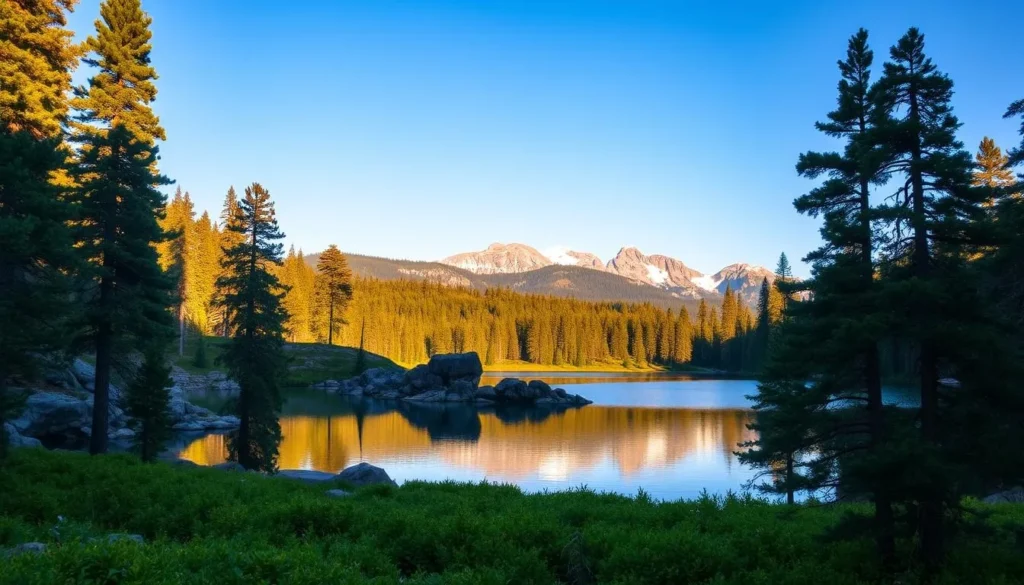 A serene landscape of Loon Lake nestled within the lush evergreen forests of the El Dorado National Forest. In the foreground, the tranquil waters of the lake reflect the surrounding towering pine trees and the clear blue sky above. In the middle ground, rocky outcroppings and verdant undergrowth line the lake's shores, inviting exploration. In the distance, rugged mountains rise, their peaks capped with snow, creating a majestic backdrop. The scene is bathed in warm, golden sunlight, casting a soft, natural glow over the entire tableau. Capture the peaceful and picturesque essence of this idyllic wilderness setting.
