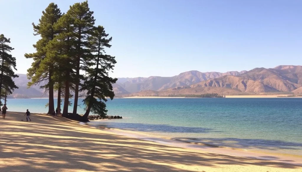 A serene landscape of Millerton Lake Recreation Area, California. In the foreground, a sandy beach with people enjoying the sunshine and crystal-clear waters. Towering pine trees line the shore, casting gentle shadows. In the middle ground, the vast expanse of the lake, its surface glistening under the warm, golden light. In the background, rolling hills and rugged mountains rise up, creating a picturesque and tranquil atmosphere. The scene conveys a sense of outdoor adventure and peaceful retreat, inviting the viewer to explore the natural beauty of this scenic state recreation area.