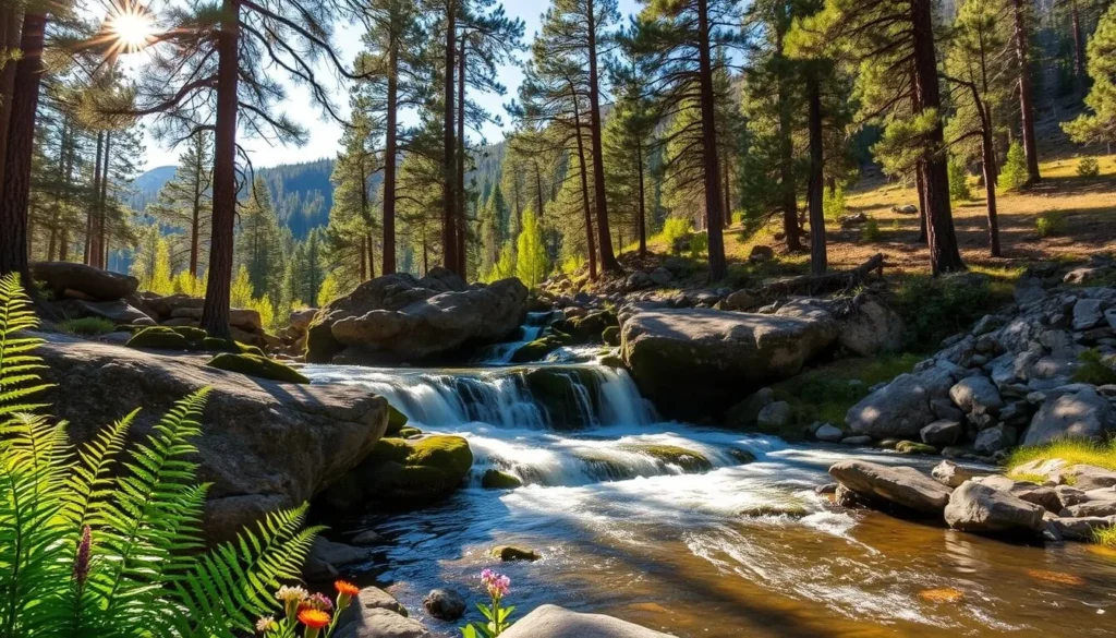 A serene landscape of Musick Creek Falls, nestled amidst the verdant pine forests of Pine Flat Lake, California. Cascading waters tumble over rugged, moss-covered boulders, creating a peaceful symphony that echoes through the tranquil valley. Dappled sunlight filters through the canopy of towering trees, casting a warm, golden glow across the scene. In the foreground, lush ferns and wildflowers add a vibrant touch to the natural wonder. The middle ground features the majestic waterfall, its rushing flow contrasting with the stillness of the surrounding pools. In the distance, the rolling hills and dense foliage create a serene, picturesque backdrop, inviting the viewer to immerse themselves in the beauty of this hidden natural treasure.