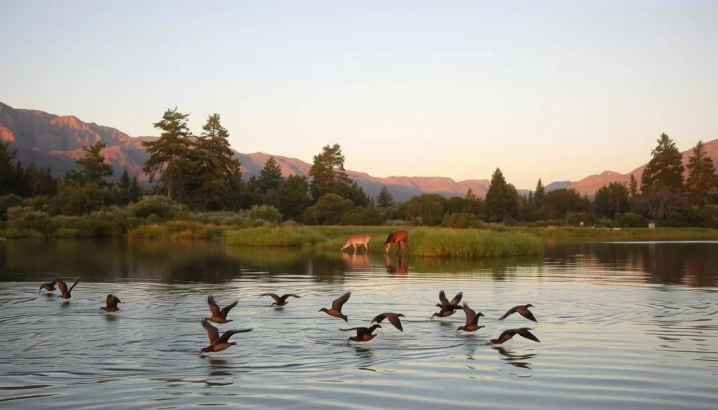 A serene landscape of New Melones Lake, California, with its tranquil waters reflecting the surrounding mountains and lush vegetation. In the foreground, a group of native birds gracefully glide across the surface, their vibrant plumage catching the warm, golden light. In the middle ground, a deer cautiously emerges from the dense foliage, drinking from the lake's edge. In the background, towering pine trees sway gently in the breeze, creating a peaceful, natural atmosphere. The scene is captured with a wide-angle lens, highlighting the expansive beauty of this wildlife haven.