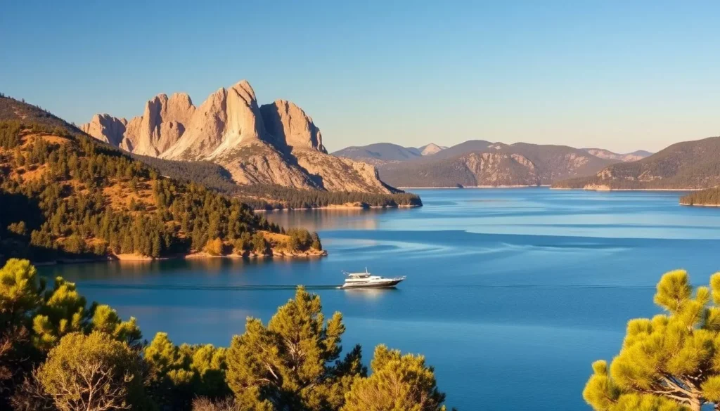 A serene landscape of New Melones Lake nestled in the rolling hills of California's Sierra Nevada mountain range. In the foreground, the pristine azure waters reflect the sky and surrounding forests. Towering granite cliffs rise up on the far shore, their rugged textures illuminated by warm, golden sunlight. Boats gently drift across the calm surface, inviting visitors to explore the lake's hidden coves and inlets. The mid-ground features lush, verdant trees and shrubs lining the shoreline, creating a picturesque scene. In the distance, hills covered in evergreen foliage recede into a hazy horizon, completing the serene and picturesque landscape. The overall mood is one of tranquility and natural beauty, perfect for planning a visit to this scenic destination.