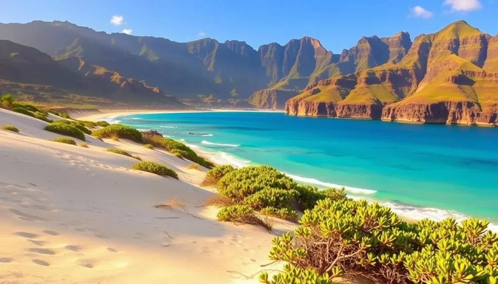 A serene landscape of Polihale State Park, Kauai, Hawaii, bathed in warm golden sunlight. In the foreground, soft white sand dunes stretch out, dotted with hardy beach vegetation. The crystal clear turquoise waters of the Pacific Ocean lap gently against the shore, inviting visitors to explore the stunning natural beauty. In the middle ground, towering sea cliffs rise up, their jagged rock formations casting dramatic shadows. The background is dominated by lush, verdant mountains, their slopes shrouded in tropical foliage. A picturesque scene that captures the essence of this idyllic Hawaiian state park.
