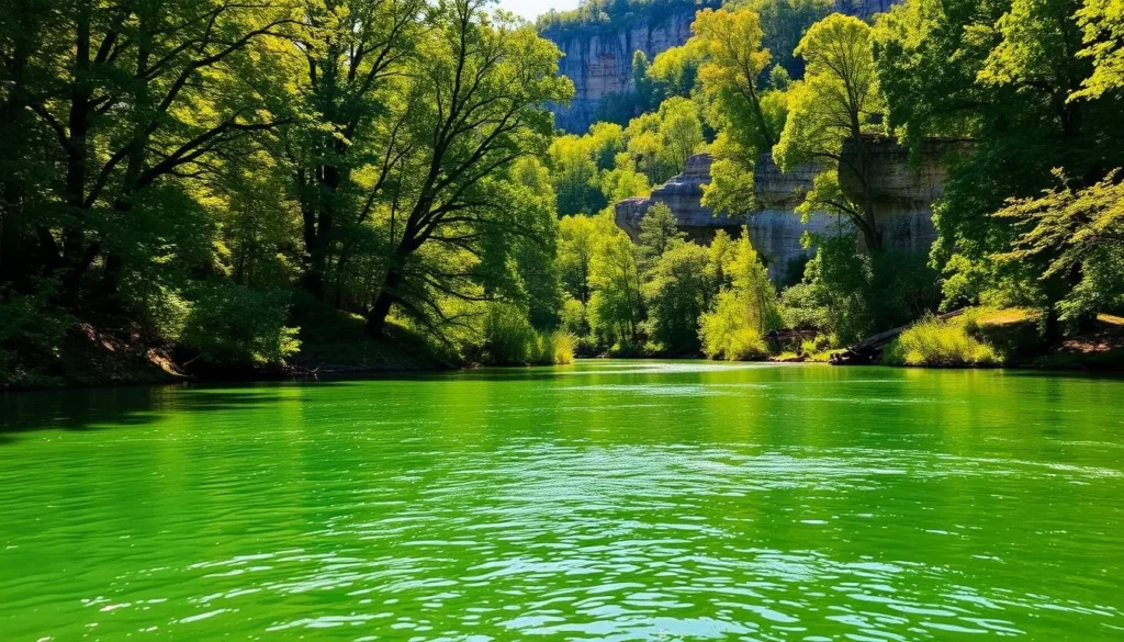A serene landscape of Roaring River State Park in Missouri unfolds before the viewer. In the foreground, the tranquil emerald-hued waters of the river flow gently, inviting exploration. The middle ground showcases lush, verdant foliage and towering trees, casting dappled shadows on the riverbanks. In the background, majestic limestone cliffs rise, their rugged textures contrasting with the soft greens and blues of the scene. Warm, golden sunlight filters through the canopy, creating a natural, inviting atmosphere. The overall composition captures the park's natural beauty and the calming essence of this picturesque outdoor haven.
