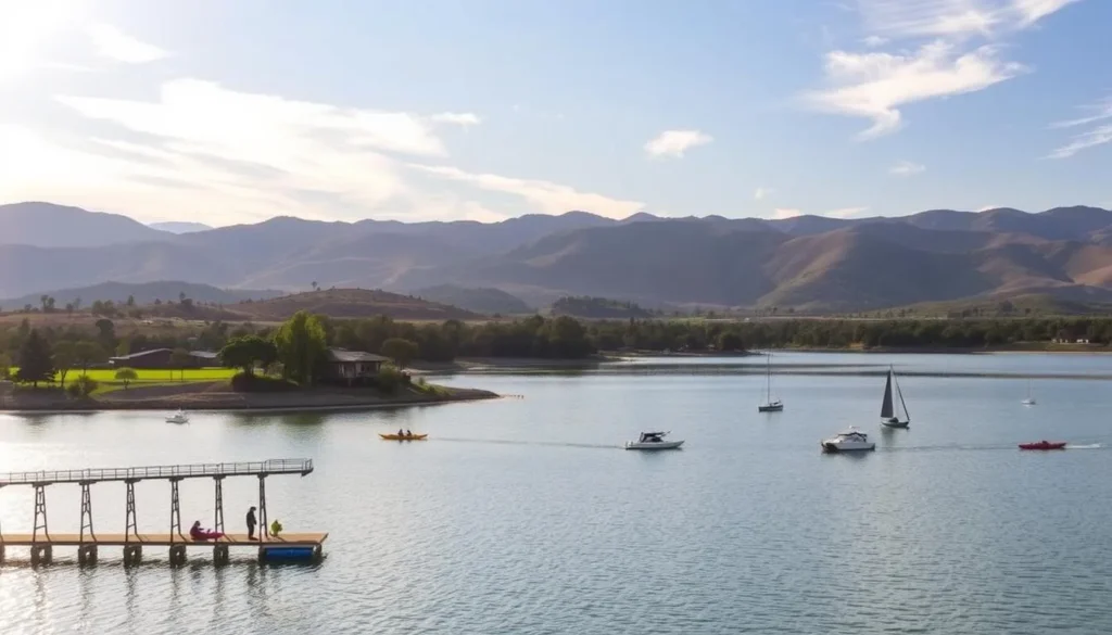A serene landscape of Santa Margarita Lake in California, set against a backdrop of rolling hills and lush greenery. Sunlight filters through wispy clouds, casting a warm glow over the tranquil waters. In the foreground, a picturesque pier extends into the lake, inviting visitors to cast their lines and enjoy the peaceful ambiance. Kayaks and small boats dot the surface, creating a sense of tranquility. The middle ground features a well-maintained shoreline with trees and vegetation, while the distant hills provide a stunning natural setting. Capture the essence of the best times to visit this picturesque lake, where outdoor enthusiasts can immerse themselves in the beauty of nature.