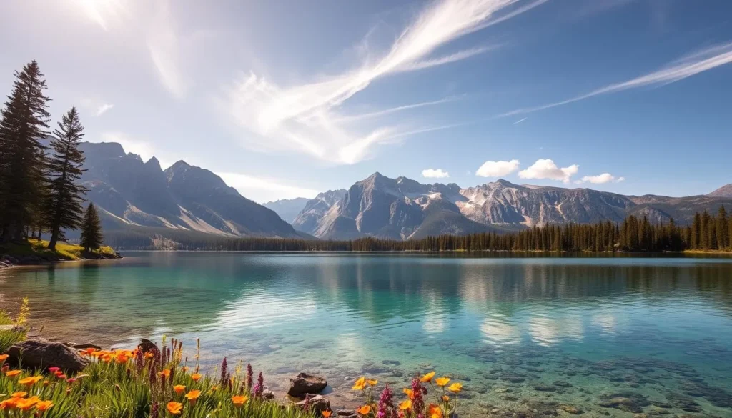 A serene landscape of Sierra Nevada lakes, with crystal-clear waters reflecting the majestic mountain peaks in the distance. In the foreground, a lush, verdant shoreline dotted with vibrant wildflowers and towering pine trees. The middle ground features a tranquil lake, its surface calm and mirror-like, inviting exploration. Soft, golden sunlight filters through wispy clouds, casting a warm, natural glow over the scene. Capture the breathtaking beauty and peaceful atmosphere of this natural wonder, showcasing the inherent splendor of the Sierra Nevada region.