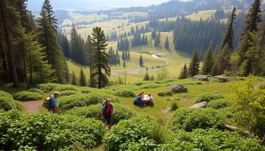 A serene landscape of Silver Falls State Park in Oregon, showcasing the diverse activities beyond the renowned waterfalls. In the foreground, a group of hikers trekking along a well-maintained trail, immersed in the lush, verdant foliage. In the middle ground, a family of four enjoying a picnic, surrounded by the park's natural beauty. In the background, a scenic vista of rolling hills, dotted with towering evergreen trees and the occasional glimpse of a glistening stream. The lighting is soft and diffused, creating a warm, inviting atmosphere. Capture the essence of this outdoor haven, where visitors can explore hiking trails, cycle through winding paths, and engage in various recreational pursuits, all while marveling at the splendor of the natural landscape.