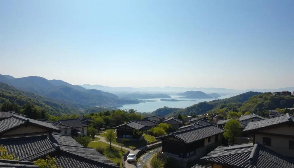 A serene landscape of Yongin in South Korea, with the rolling hills and lush greenery in the background. In the foreground, a picturesque village scene with traditional hanok-style houses, their tiled roofs glistening in the warm sunlight. A winding stream cuts through the scene, its clear waters reflecting the surrounding natural beauty. In the distance, the iconic Gwanggyo Lake shimmers, its tranquil surface mirroring the azure sky above. The overall atmosphere evokes a sense of tranquility and timelessness, making it the perfect setting to immerse oneself in the rich cultural heritage of Yongin during the optimal visit time.