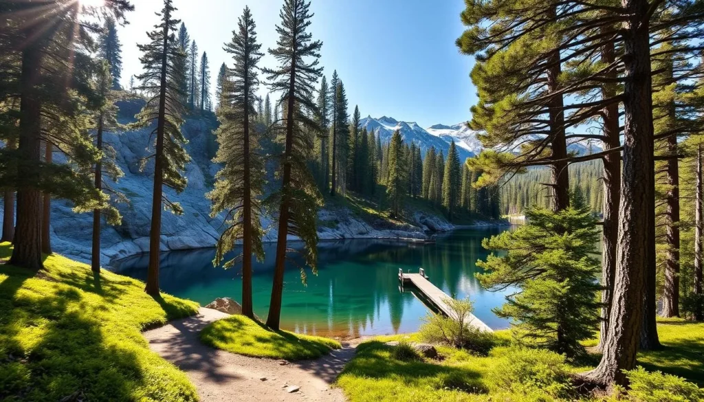 A serene landscape of a Northern California state park, with towering pine trees lining the banks of a crystal-clear alpine lake. Sunlight filters through the branches, casting a warm glow on the smooth granite cliffs surrounding the water. In the foreground, a winding trail leads hikers through a lush, mossy forest, inviting exploration. The mid-ground features a small wooden dock extending into the still, reflective lake, while the background showcases the majestic, snow-capped peaks of the Sierra Nevada range. The scene exudes a sense of tranquility and adventure, perfectly capturing the essence of the Northern Sierra's state park experiences.