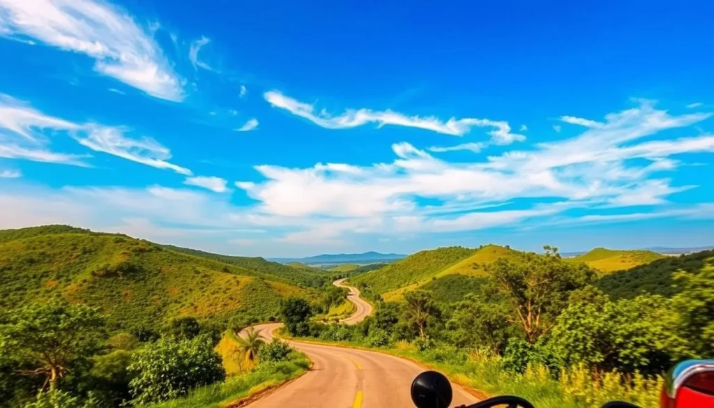 A serene landscape of a winding road through lush, verdant hills, framed by a clear blue sky with wispy clouds. The road stretches into the distance, inviting the viewer on a picturesque journey. Warm sunlight filters through the trees, casting a golden glow over the scene. In the foreground, a vintage car or bicycle adds a sense of exploration and discovery. The overall mood is one of tranquility and adventure, perfectly capturing the spirit of practical travel tips for visiting Ivory Coast.
