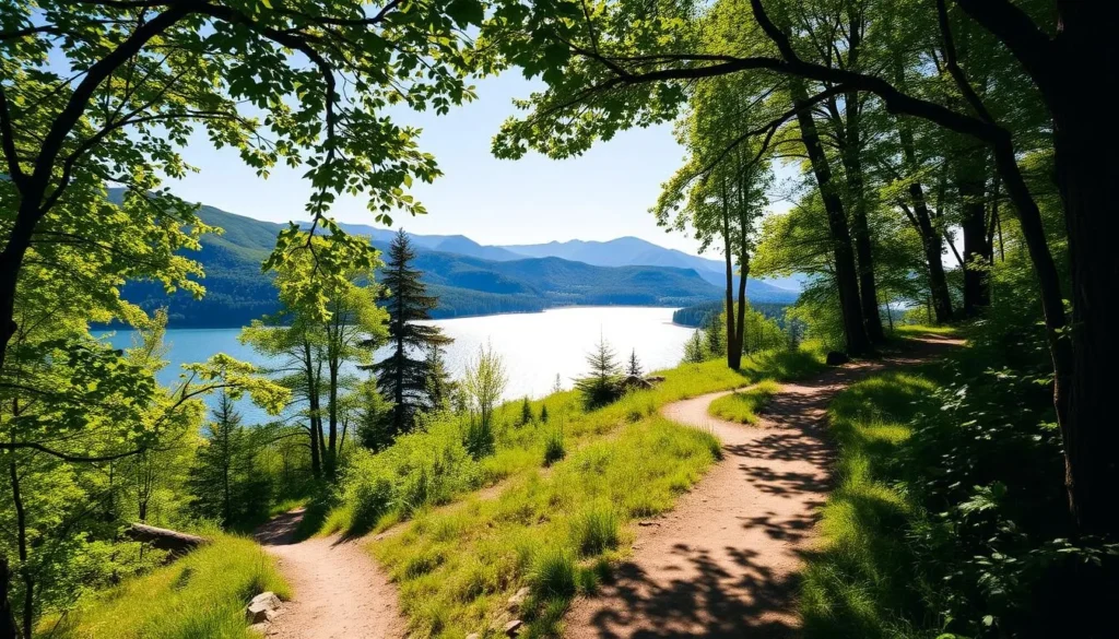 A serene landscape of hiking trails winding along the shores of a picturesque lake, surrounded by lush, verdant foliage. Sunlight filters through the canopy of trees, casting a warm, golden glow over the scene. In the foreground, a well-maintained trail leads hikers through the tranquil setting, inviting exploration. The middle ground features a glistening lake, its calm waters reflecting the surrounding natural beauty. In the distance, rolling hills and mountains rise up, creating a breathtaking backdrop. The overall atmosphere is one of peaceful solitude, perfect for a rejuvenating nature walk or hike.