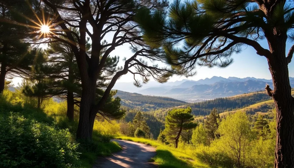A serene landscape of the Al Shouf Cedar Nature Reserve in Lebanon, nestled amidst towering cedar trees and rolling hills. Warm sunlight filters through the dense foliage, casting a golden glow over the scene. In the foreground, a winding path leads the eye towards the heart of the reserve, inviting visitors to explore the lush greenery and discover the tranquil beauty of this natural wonder. The middle ground features a picturesque vista of the cedar forests, their majestic trunks and verdant canopies creating a breathtaking backdrop. In the distance, the rugged mountains rise, their jagged peaks silhouetted against the clear, azure sky, completing the idyllic, serene atmosphere of this stunning Lebanese landscape.