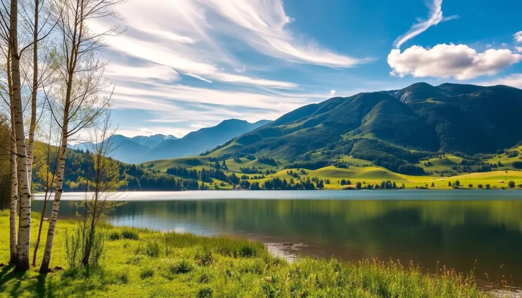 A serene landscape of the Entlebuch Biosphere Reserve, Switzerland. In the foreground, a tranquil lake reflects the azure sky and verdant hills. Birch trees line the shore, their white trunks contrasting with the lush greenery. In the middle ground, rolling meadows dotted with wildflowers lead up to gently sloping mountains, their peaks capped with snow. Warm, diffused sunlight filters through wispy clouds, casting a golden glow over the scene. The atmosphere is one of peaceful relaxation, inviting the viewer to immerse themselves in the natural beauty of this picturesque region.