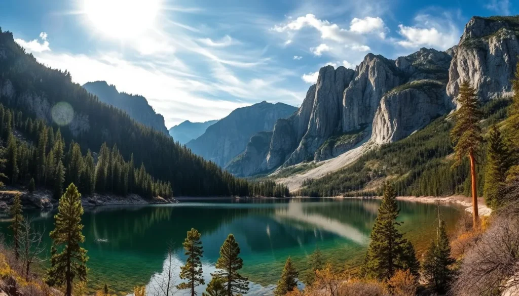 A serene landscape of the Hetch Hetchy Reservoir, situated amidst the majestic granite peaks of Yosemite National Park. Capture the crystal-clear waters reflecting the surrounding rugged cliffs and lush evergreen forests. Showcase the dramatic interplay of light and shadow, with the sun's rays filtering through wispy clouds and illuminating the tranquil scene. Utilize a wide-angle lens to accentuate the grandeur of the environment, framing the reservoir within the picturesque natural amphitheater. Convey a sense of awe and wonder, inviting the viewer to immerse themselves in this stunning wilderness oasis.