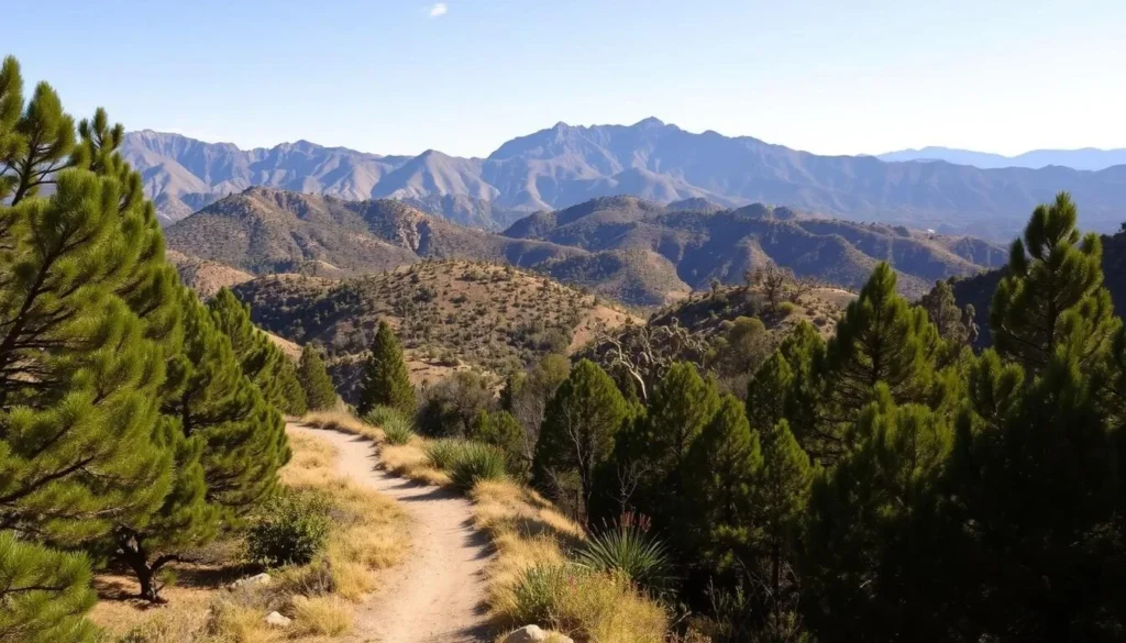 A serene landscape of the Little San Bernardino Mountains, California, on a picturesque day. In the foreground, a winding trail leads through a lush, verdant forest, with sunlight filtering through the canopy. The middle ground reveals rolling hills dotted with Joshua trees and other desert flora, creating a unique and captivating contrast. In the background, the majestic peaks of the Little San Bernardino Mountains rise majestically, their rugged, rocky slopes bathed in warm, golden light. The scene is captured with a wide-angle lens, creating a sense of depth and scale, and the overall mood is one of tranquility and natural beauty.