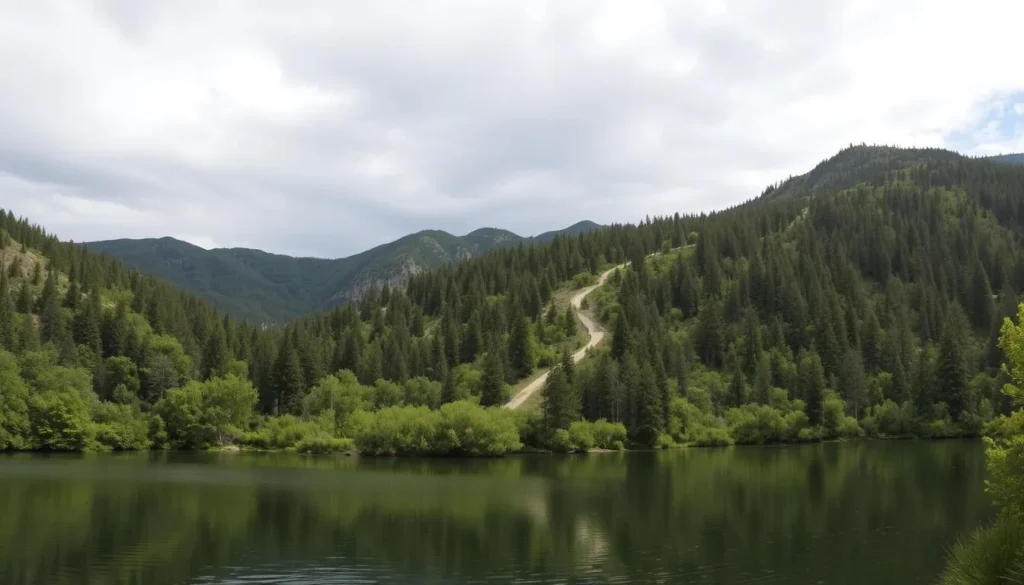 A serene landscape of the Lower Bear Creek Reservoir, California, showcasing the best wildlife viewing spots. In the foreground, a tranquil lake reflects the surrounding lush foliage and towering mountains. In the middle ground, a well-maintained hiking trail winds through a dense forest, with opportunities to spot local fauna like deer, rabbits, and birds of prey. The background features a dramatic, sun-dappled sky, creating a warm, inviting atmosphere for nature enthusiasts to immerse themselves in the natural beauty of the region. The scene is captured with a wide-angle lens, allowing for a panoramic view that captures the essence of the "Wildlife Viewing Opportunities" along the Lower Bear Creek Reservoir.
