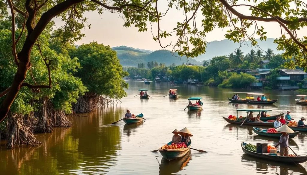 A serene landscape of the Mekong Delta, Vietnam. In the foreground, a tranquil river winds through lush, verdant mangrove forests, their twisted roots reflected in the calm waters. Colorful traditional boats gently drift by, their passengers engaged in daily river life. The middle ground reveals vibrant floating markets, where vendors in conical hats sell a bountiful array of tropical fruits and vegetables. In the distance, rolling hills and palm tree-lined shores frame the scene, bathed in the warm, golden light of a sun-dappled day. The overall atmosphere is one of peaceful, picturesque serenity, capturing the essence of the Mekong Delta's natural beauty and traditional river culture.