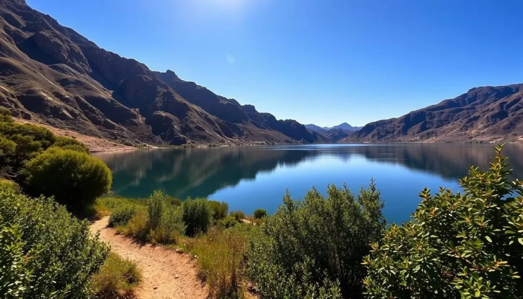 A serene landscape of the San Andreas Fault, showcasing the tranquil waters of the San Andreas Lake nestled between rugged, sun-drenched hills. The lake's surface reflects the clear, azure sky, creating a mirror-like effect. In the foreground, lush vegetation lines the shoreline, casting gentle shadows on the glistening water. A narrow trail winds through the verdant foliage, inviting hikers to explore the natural wonder of this geological marvel. Warm, golden light filters through the scene, imbuing the entire composition with a sense of calm and tranquility. The image captures the essence of the San Andreas Segment, a testament to the power and beauty of the natural world.