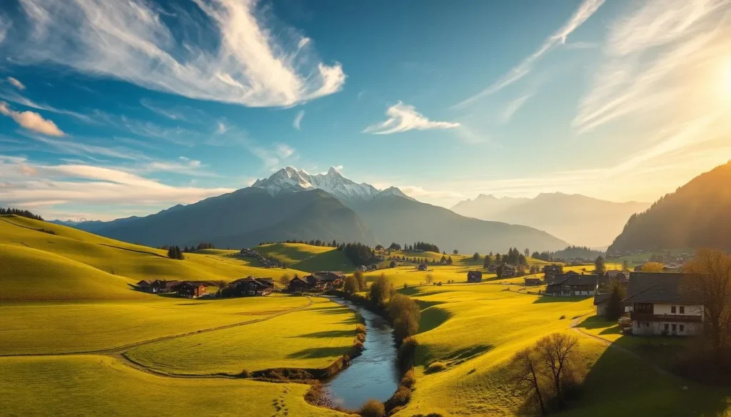 A serene landscape of the Schwyz canton, nestled in the heart of Switzerland. Rolling hills blanketed in lush, verdant meadows, dotted with quaint villages and towering alpine peaks. Warm sunlight filters through wispy clouds, casting a golden glow over the scene. In the foreground, a winding river meanders through the valley, its gentle current reflecting the surrounding natural beauty. The middle ground features traditional Swiss chalets, their charming wooden facades and pitched roofs blending seamlessly with the pastoral setting. In the distance, the majestic Mythen mountain range rises, its snow-capped summits piercing the azure sky. An idyllic representation of the heart of Switzerland, evoking a sense of tranquility and timeless charm.