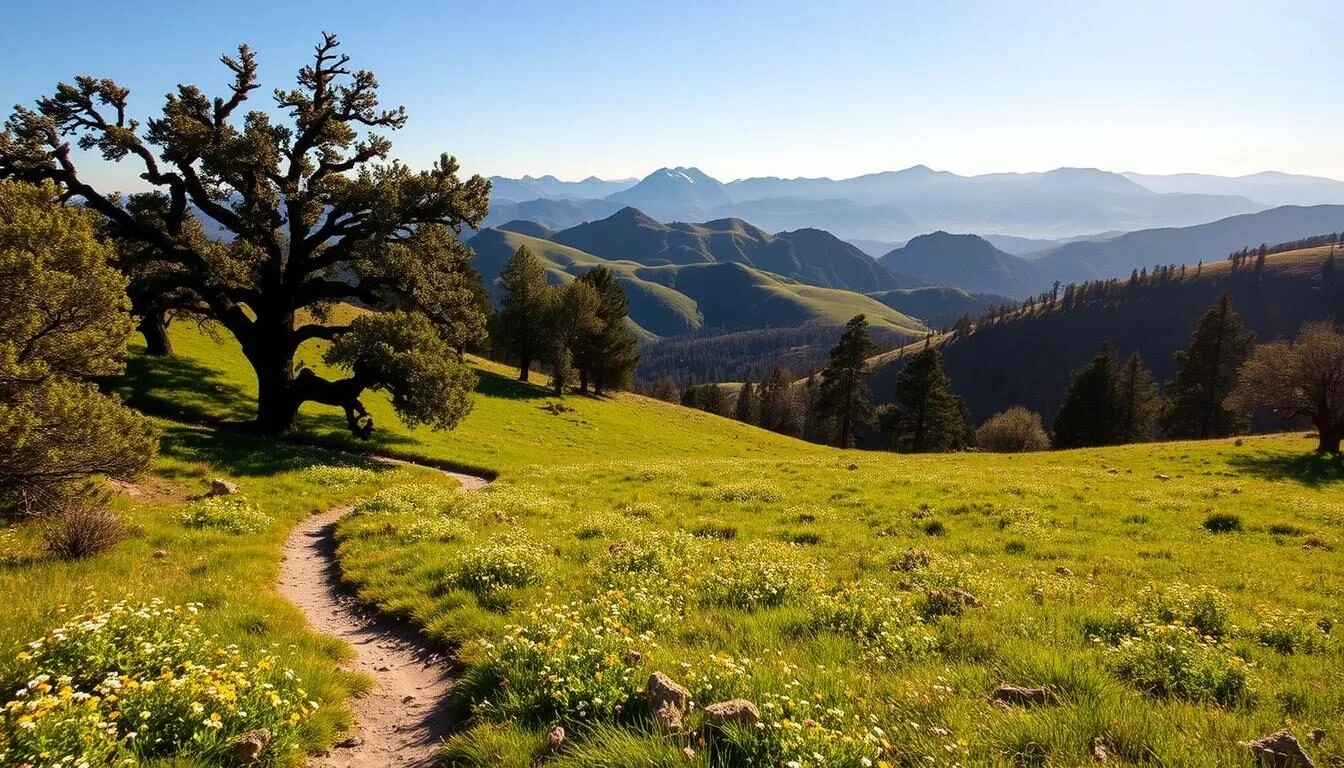 A serene landscape of the Sierra Nevada foothills, bathed in warm afternoon sunlight. In the foreground, a winding hiking trail leads through a verdant meadow dotted with wildflowers. In the middle ground, rolling hills are crowned with majestic oak trees, their branches casting soft shadows. The background is dominated by the rugged silhouettes of the distant mountains, their peaks capped with a dusting of snow. The scene is infused with a sense of tranquility and adventure, inviting the viewer to explore the natural beauty of this picturesque region.