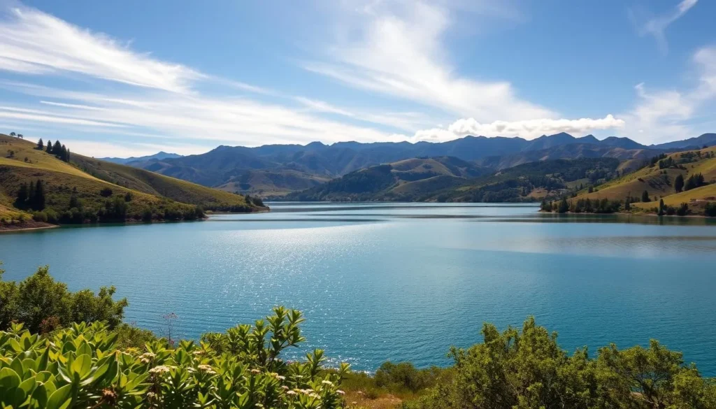A serene landscape of the Spanish Flat Reservoir nestled in the rolling hills of Northern California. Bright sunlight filters through wispy clouds, casting a warm glow over the tranquil, azure waters. In the foreground, lush green foliage and wildflowers dot the gently sloping shoreline. The middle ground reveals the majestic expanse of the reservoir, its glassy surface reflecting the surrounding hills and trees. In the distance, rugged mountains rise majestically, their peaks partially obscured by soft, wispy clouds. The overall scene evokes a sense of peaceful isolation and natural beauty, inviting the viewer to explore and discover the hidden wonders of this picturesque location.