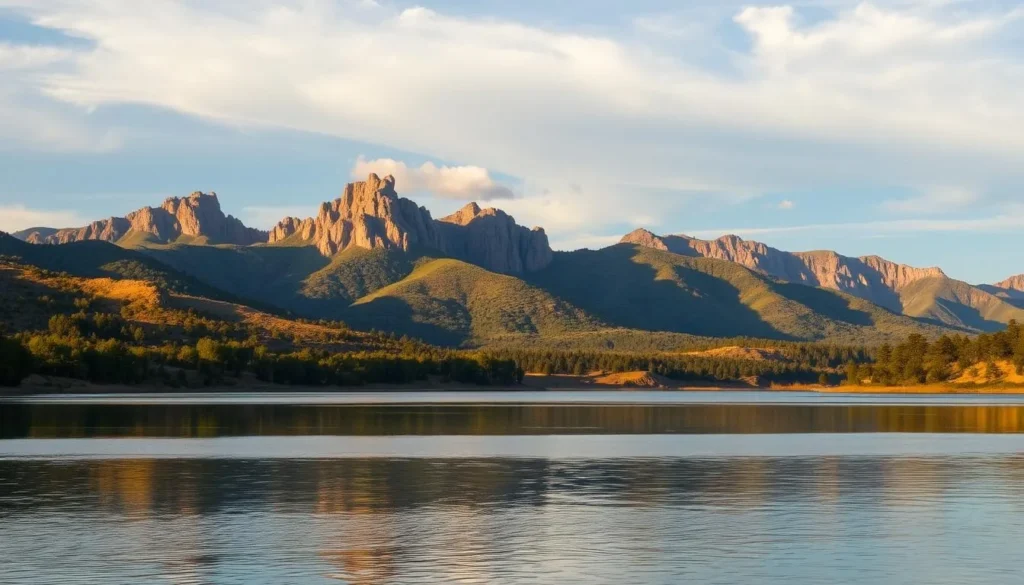 A serene landscape of the Sutter Buttes, the world's smallest mountain range, rising gently from the fertile Central Valley of California. Craggy, verdant peaks bathed in warm, golden sunlight, their slopes dotted with oak and pine trees. In the foreground, a tranquil lake reflects the majestic mountains, creating a mirror-like effect. Wispy clouds drift overhead, adding depth and dimension to the scene. Capture the essence of this geological wonder, its timeless beauty and peaceful atmosphere, ready to be explored and appreciated.