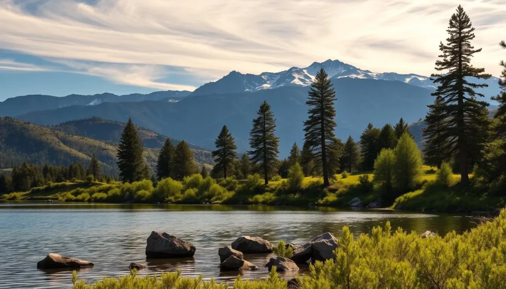 A serene landscape of the West Point Reservoir nestled in the rolling hills of California. In the foreground, the calm waters reflect the vibrant green foliage and rocky outcroppings lining the shoreline. Towering pine trees dot the middle ground, their majestic silhouettes casting soft shadows across the scene. In the background, rugged mountains rise, their peaks capped with a dusting of snow that glimmers under the warm, golden sunlight filtering through wispy clouds. The overall atmosphere is one of tranquility and natural beauty, inviting the viewer to explore this hidden gem of a destination.
