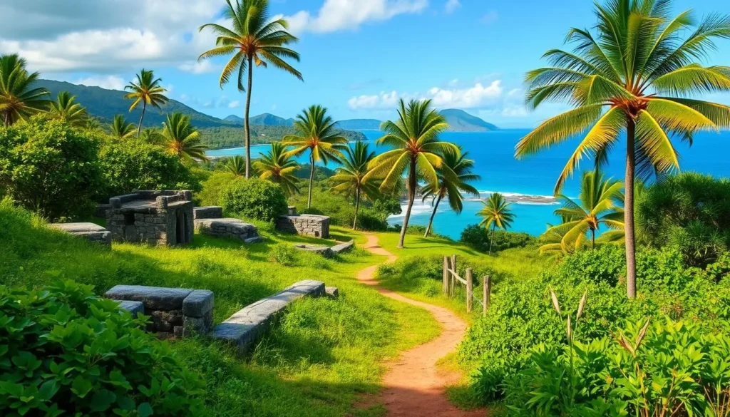 A serene landscape on Ua Huka Island, French Polynesia, showcasing the island's rich archaeological heritage. In the foreground, ancient stone structures and remnants of dwellings peek out from lush, verdant vegetation. In the middle ground, a winding path leads deeper into the archaeological site, flanked by towering palm trees and vibrant tropical foliage. The background features a picturesque coastline, with azure waters and distant volcanic peaks. Soft, natural lighting casts a warm, golden glow over the scene, creating a tranquil and inviting atmosphere that invites exploration and discovery.