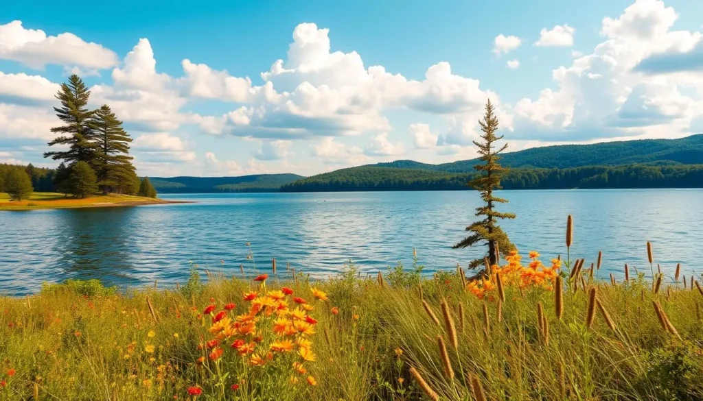 A serene landscape showcasing the captivating Stockton Lake, nestled amidst the lush, verdant Missouri countryside. In the foreground, pristine waters reflect the azure sky and fluffy white clouds, inviting visitors to bask in the tranquility. The middle ground features a picturesque shoreline dotted with towering pines and vibrant wildflowers, creating a picturesque scene. In the background, gentle rolling hills and distant forests frame the idyllic setting, evoking a sense of peaceful solitude. Warm, natural lighting bathes the scene, casting a golden glow and enhancing the soothing atmosphere. Captured with a wide-angle lens to showcase the lake's expansive beauty, this image perfectly encapsulates the hidden gem that is Stockton Lake.