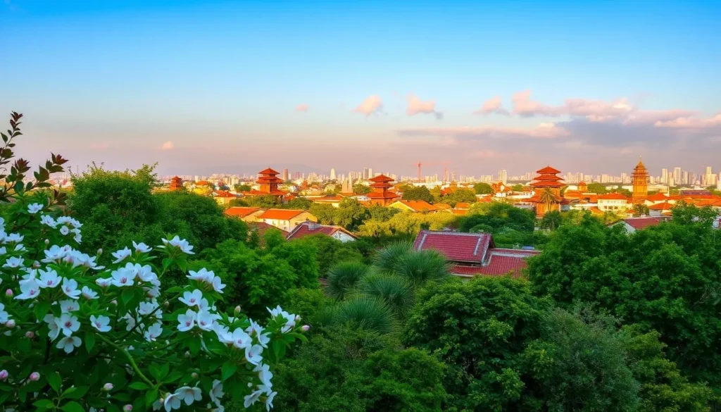 A serene landscape showcasing the distinct seasons of Hanoi, Vietnam. In the foreground, a lush, verdant garden in spring, with blooming cherry blossoms and vibrant green foliage. The middle ground depicts the city's iconic red-tiled roofs and towering pagodas, bathed in warm, golden sunlight during the summer months. In the background, a picturesque mountain range is dusted with a light layer of snow, representing the cool, dry winter. Gentle clouds drift across the sky, creating a soft, atmospheric ambiance. The scene conveys the dynamic and picturesque nature of Hanoi's weather throughout the year.