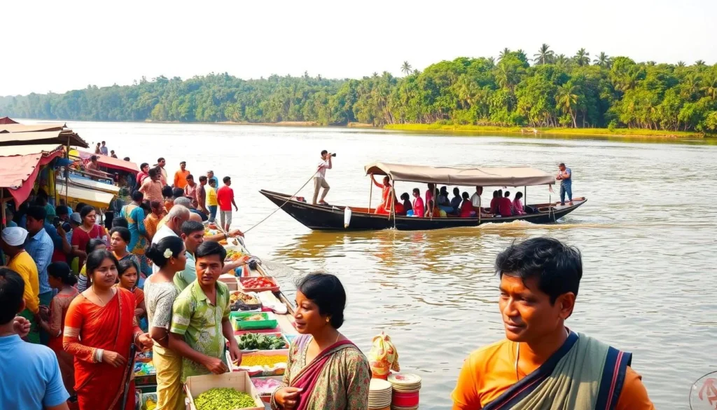 A serene landscape showcasing the essence of a traveler's experience in Khulna, Bangladesh. A bustling riverside market filled with vibrant colors and local vendors selling fresh produce, spices, and handcrafted goods. In the foreground, a group of curious onlookers navigates the lively crowds, their expressions a mix of wonder and excitement. The middle ground features a traditional wooden boat gently gliding along the tranquil waters of the Rupsha River, its occupants capturing the picturesque scenery with their cameras. In the background, the iconic Sundarbans mangrove forest rises majestically, its verdant canopy casting a serene shadow over the entire scene. Warm, natural lighting bathes the entire composition, creating a sense of warmth and authenticity. The overall atmosphere evokes the essence of a memorable travel experience in Khulna, Bangladesh.