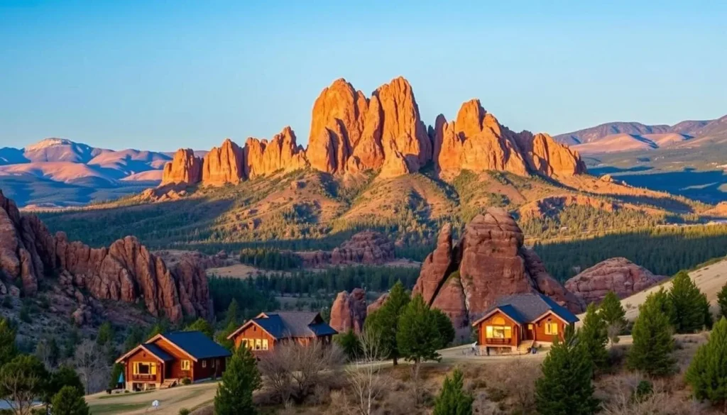 A serene landscape showcasing the lodging options near Smith Rock State Park, Oregon. In the foreground, cozy cabins and lodges nestled amidst the rugged basalt cliffs, their warm lighting casting a welcoming glow. The middle ground features a panoramic view of the iconic rock formations, their jagged silhouettes casting dramatic shadows under the soft, natural lighting of a clear day. In the background, rolling hills and lush forests provide a picturesque backdrop, creating a sense of tranquility and adventure. The overall scene conveys the perfect balance of outdoor exploration and comfortable accommodations, inviting visitors to immerse themselves in the beauty of this stunning region.