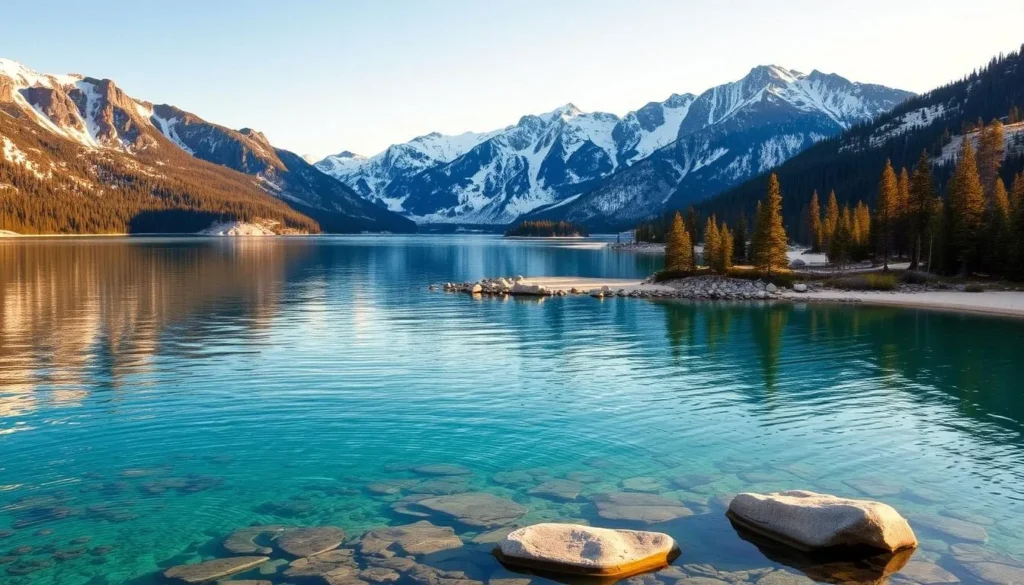 A serene landscape showcasing the majestic beauty of Lake Tahoe, California. In the foreground, crystal-clear turquoise waters reflect the surrounding snow-capped peaks and lush evergreen forests. The middle ground features a picturesque shoreline dotted with rocky outcroppings and sandy beaches. In the background, towering mountains rise up, their rugged slopes bathed in warm, golden sunlight. The scene exudes a tranquil, awe-inspiring atmosphere, inviting the viewer to immerse themselves in the natural splendor of this iconic alpine lake.