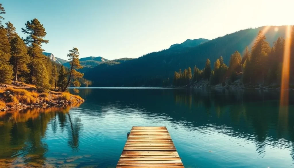 A serene landscape showcasing the picturesque Black Butte Lake nestled amidst rugged hills and lush pine forests. Vibrant greens and blues create a calming atmosphere, with the crystal-clear waters reflecting the surrounding natural beauty. In the foreground, a wooden dock extends into the tranquil lake, inviting visitors to enjoy the peaceful setting. Warm sunlight filters through the trees, casting a golden glow over the scene. Distant mountains rise up on the horizon, completing the breathtaking panorama. Capture the essence of this idyllic California destination, a true haven for outdoor enthusiasts and nature lovers.