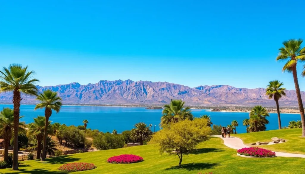 A serene landscape showcasing the picturesque surroundings of Lake Perris, California. In the foreground, a lush, verdant park with towering palm trees and vibrant flower beds invites visitors to explore. The tranquil lake glistens in the middle ground, its calm waters reflecting the azure sky above. In the distance, rugged mountains rise, their jagged peaks bathed in warm, golden sunlight. Hikers traverse scenic trails, enjoying the breathtaking vistas. A peaceful, idyllic atmosphere permeates the scene, enticing travelers to discover the wealth of attractions and activities that await them near this beautiful natural oasis.