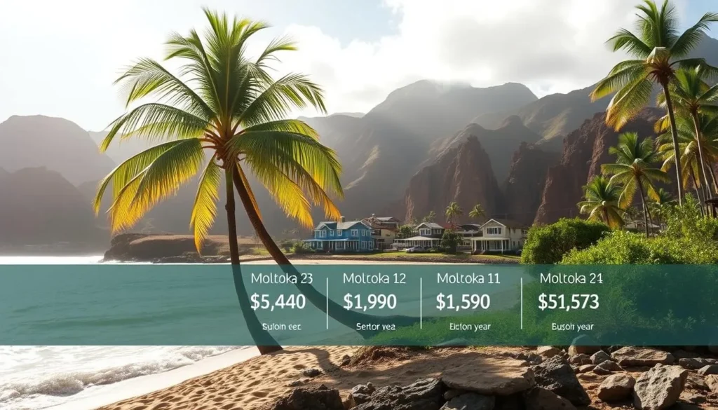 A serene landscape showcasing the seasonal fluctuations in Molokai travel prices. A sun-dappled beach in the foreground, palm trees swaying gently in the warm breeze. In the middle ground, a charming village with colorful cottages, their prices displayed in a subtle infographic. The background features rolling hills and dramatic cliffs, hinting at the island's diverse natural beauty. The lighting is soft and diffused, creating a tranquil, inviting atmosphere. Shot with a wide-angle lens to capture the full scope of the scene, this image provides a visual representation of Molokai's budget-conscious travel options throughout the year.