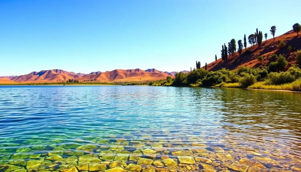 A serene landscape showcasing the stunning California Aqueduct Lakes. In the foreground, crystal-clear waters reflect the azure sky and lush, verdant vegetation along the shoreline. In the middle ground, rolling hills dotted with cypress trees provide a picturesque backdrop. The warm, golden sunlight casts a soft, inviting glow over the scene, creating a tranquil and inviting atmosphere. Capture the beauty and tranquility of this natural wonder, perfect for a peaceful day of exploration and relaxation.