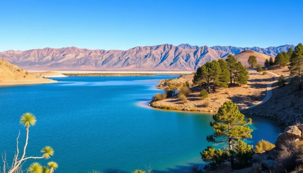 A serene landscape showcasing the tranquil California Aqueduct Lakes. In the foreground, a glistening azure lake reflects the surrounding hills and pine trees. The middle ground features a winding path leading towards the water's edge, inviting exploration. In the background, rugged mountains rise majestically, their peaks bathed in a warm, golden light. The scene conveys a sense of solitude and peaceful escape, capturing the hidden gem that is the California Aqueduct Lakes. Photograph this scene with a wide-angle lens, using natural lighting to accentuate the vibrant colors and textures of the environment.