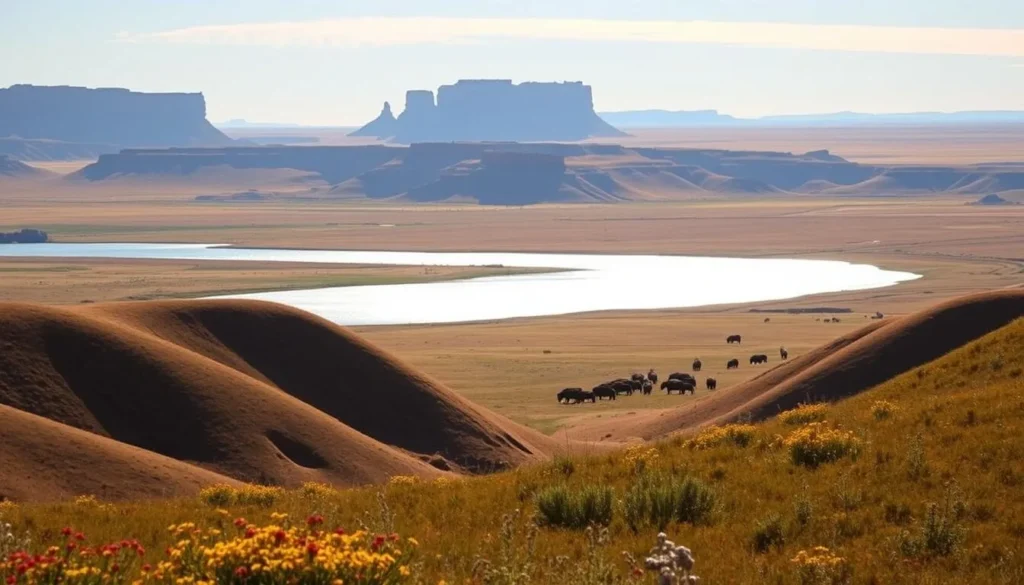 A serene landscape showcasing the unique charm of North Dakota. In the foreground, the iconic Theodore Roosevelt National Park with its rolling hills, vibrant wildflowers, and majestic buttes bathed in warm, golden light. In the middle ground, a glistening lake reflects the azure sky, while a herd of bison graze peacefully nearby. In the distance, the striking badlands formations rise up, their dramatic shadows casting a sense of timeless wonder. The scene evokes a tranquil, contemplative mood, inviting the viewer to immerse themselves in the natural beauty and understated elegance of this captivating state.