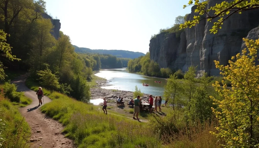 A serene landscape showcasing the vibrant seasonal activities at Montauk State Park in Missouri. In the foreground, visitors hike along a winding trail flanked by lush green foliage and wildflowers. In the middle ground, families picnic on the banks of the glistening Meramec River, while kayakers paddle downstream. In the background, the rugged limestone bluffs frame the scene, their shadows creating a warm, golden glow. The sun casts a soft, diffused light, evoking a tranquil and inviting atmosphere. Capture the essence of Montauk's natural beauty and the diverse recreational opportunities it offers throughout the year.