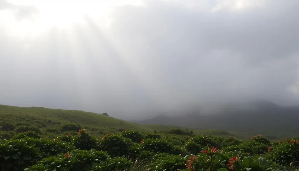 A serene landscape under a soft, overcast sky. Gentle rainfall patterns descend in delicate, fluid cascades, creating a tranquil atmosphere. The ground is lush with verdant foliage, dotted with vibrant flowers. Sunlight filters through the clouds, casting a warm, diffused glow across the scene. The camera angle is slightly elevated, offering a panoramic view of the peaceful setting. The overall mood is one of quiet contemplation, inviting the viewer to appreciate the natural rhythms of the Pitcairn Islands' weather throughout the year.